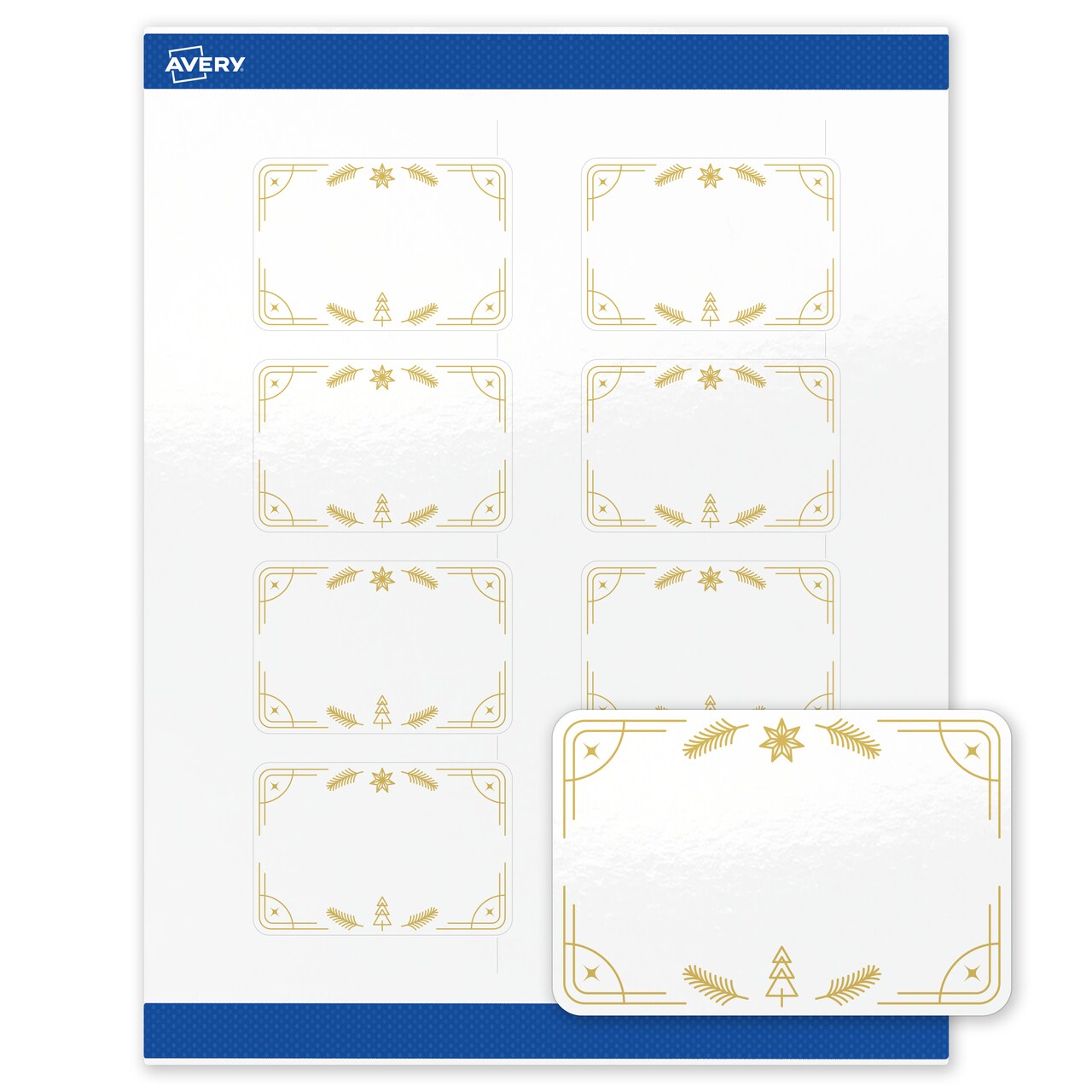 Avery Printable Rectangle Labels, 2" x 3", Glossy White, Pre-printed Metallic Gold Christmas Trees Design, Sure Feed Technology, Laser & Inkjet Compatible, 160 Total
